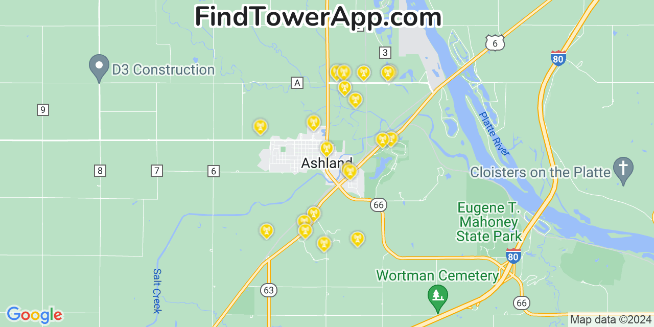 AT&T 4G/5G cell tower coverage map Ashland, Nebraska