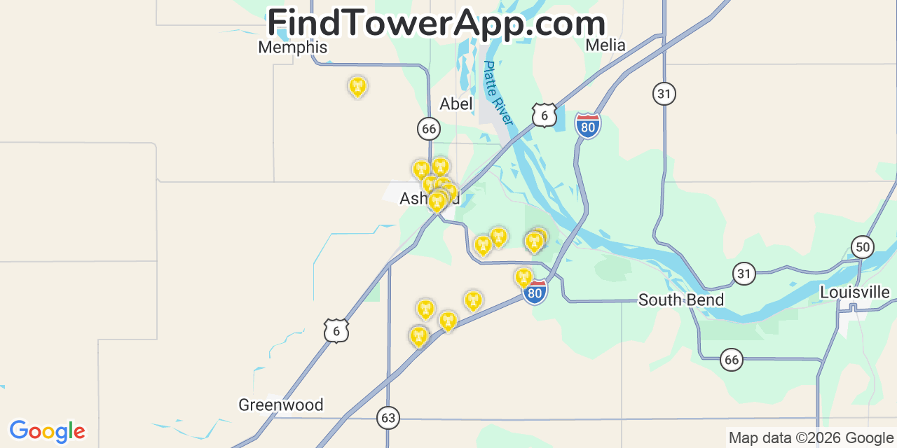 Map showing the 20 primary cell tower locations detected in Ashland, Nebraska from AT&T, Verizon, and T-Mobile networks