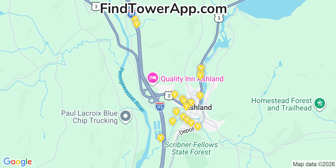 Map showing the 20 primary cell tower locations detected in Ashland, New Hampshire from AT&T, Verizon, and T-Mobile networks