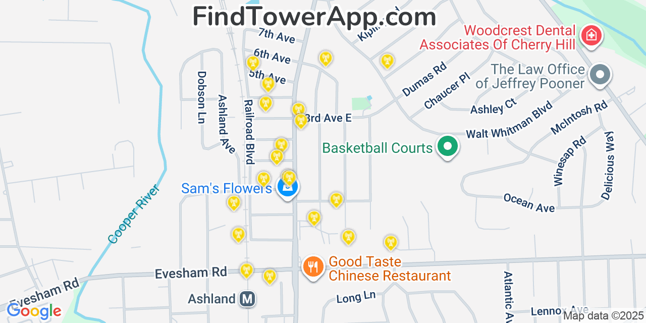Map showing the 20 primary cell tower locations detected in Ashland, New Jersey from AT&T, Verizon, and T-Mobile networks