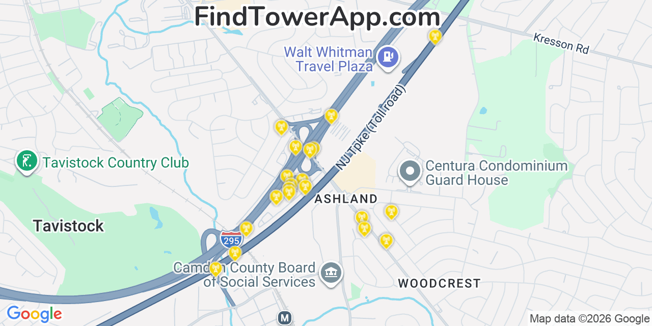 Map showing the 20 primary cell tower locations detected in Ashland, New Jersey from AT&T, Verizon, and T-Mobile networks
