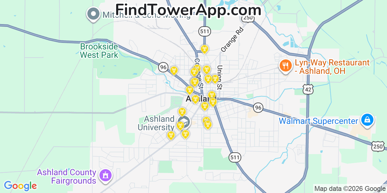Map showing the 20 primary cell tower locations detected in Ashland, Ohio from AT&T, Verizon, and T-Mobile networks