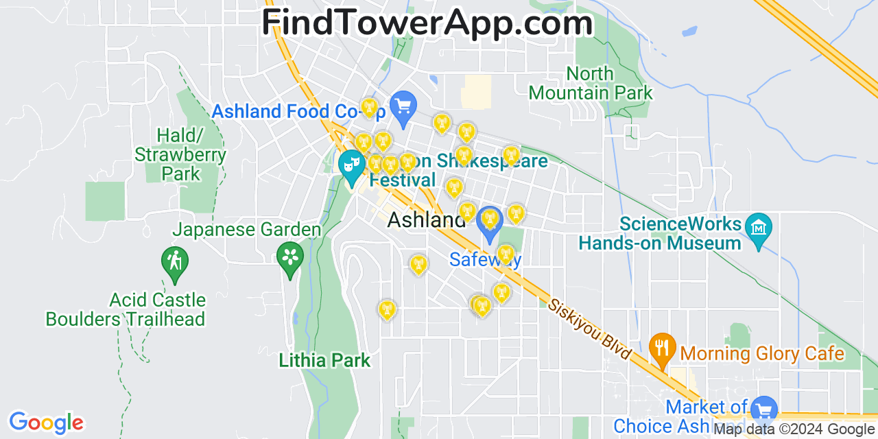 AT&T 4G/5G cell tower coverage map Ashland, Oregon