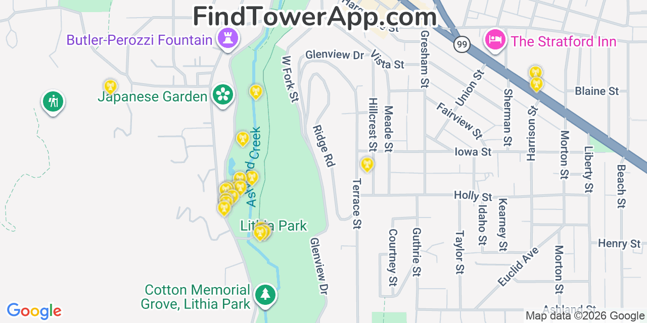 Map showing the 20 primary cell tower locations detected in Ashland, Oregon from AT&T, Verizon, and T-Mobile networks