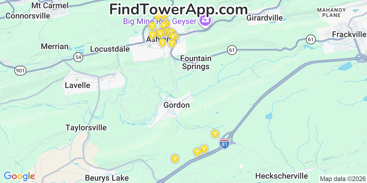 Map showing the 20 primary cell tower locations detected in Ashland, Pennsylvania from AT&T, Verizon, and T-Mobile networks