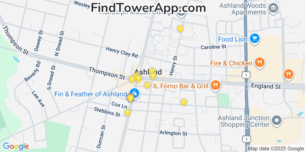 Map showing the 20 primary cell tower locations detected in Ashland, Virginia from AT&T, Verizon, and T-Mobile networks