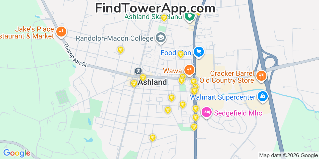 Map showing the 20 primary cell tower locations detected in Ashland, Virginia from AT&T, Verizon, and T-Mobile networks