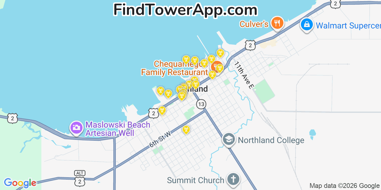 Map showing the 20 primary cell tower locations detected in Ashland, Wisconsin from AT&T, Verizon, and T-Mobile networks