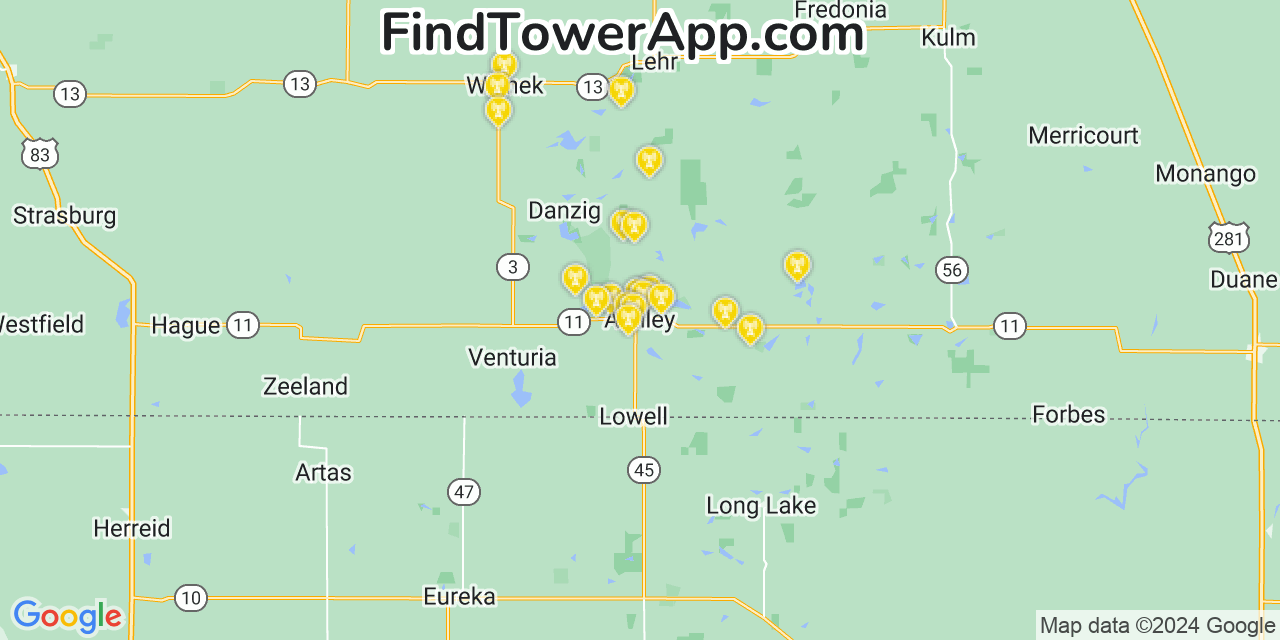 AT&T 4G/5G cell tower coverage map Ashley, North Dakota