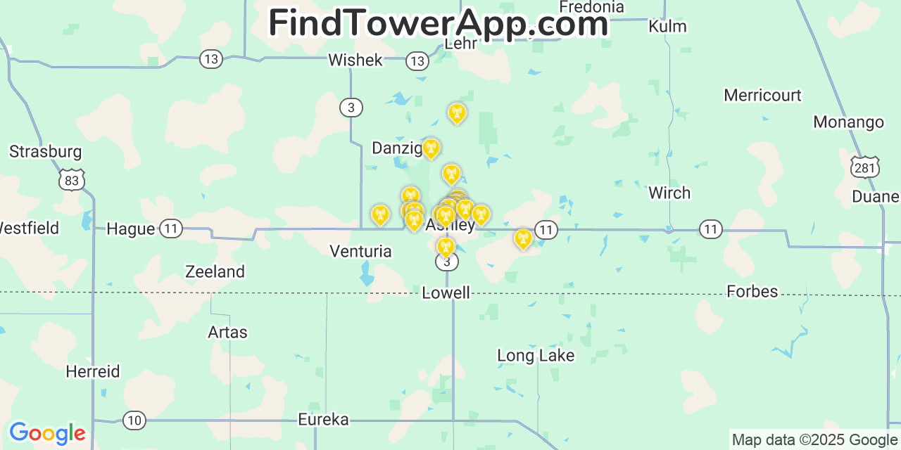 Map showing the 20 primary cell tower locations detected in Ashley, North Dakota from AT&T, Verizon, and T-Mobile networks