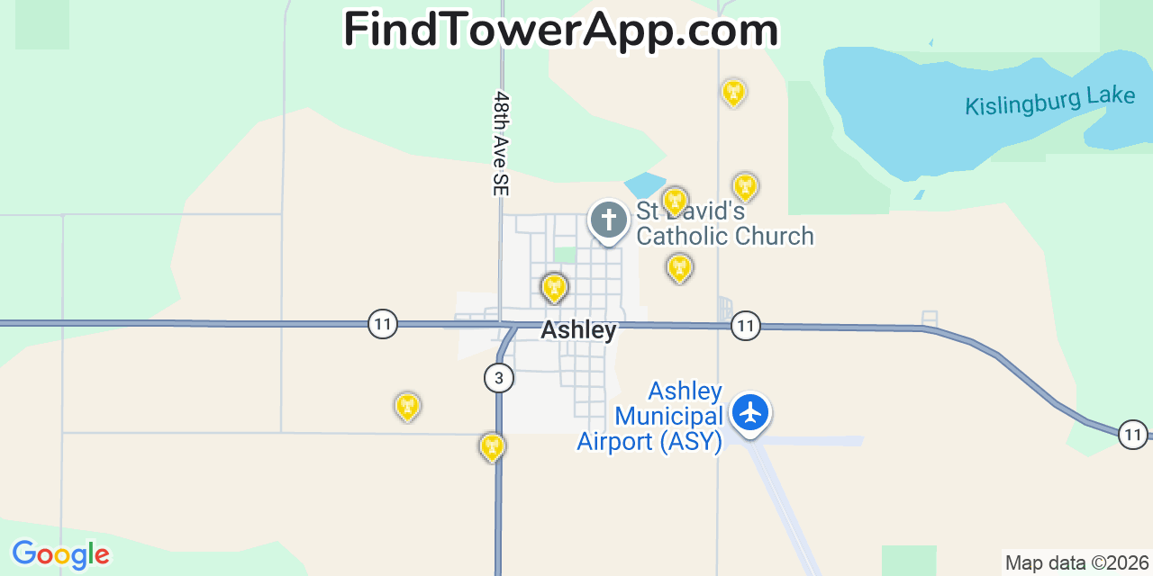 Map showing the 20 primary cell tower locations detected in Ashley, North Dakota from AT&T, Verizon, and T-Mobile networks