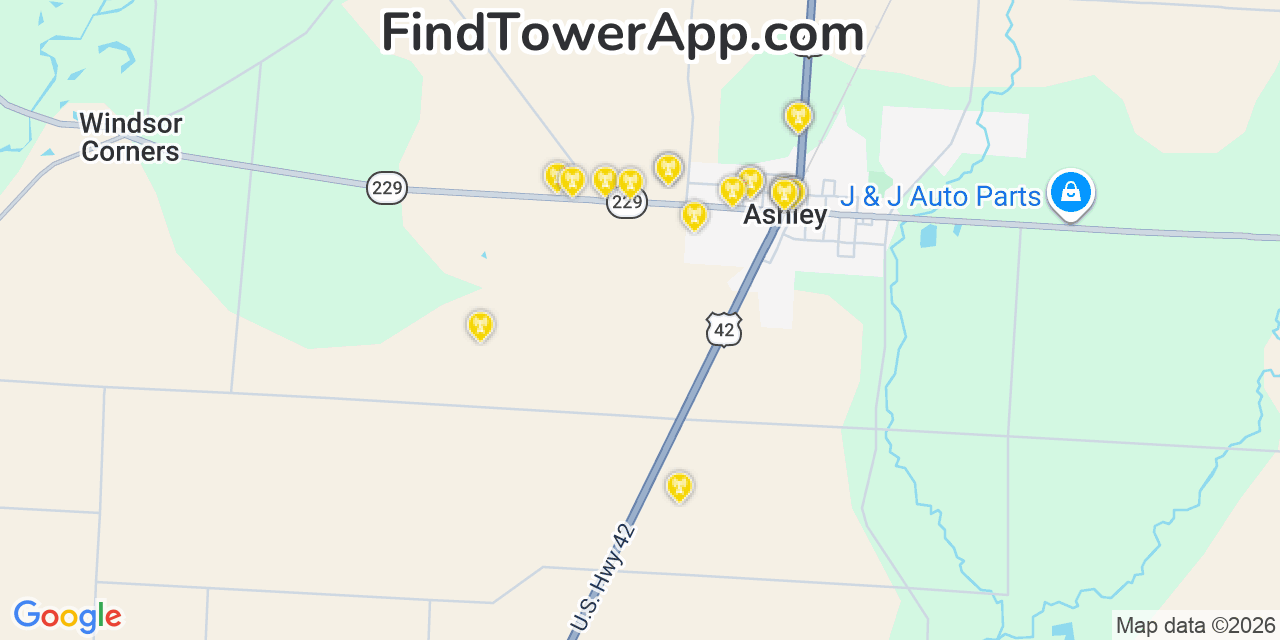 Map showing the 20 primary cell tower locations detected in Ashley, Ohio from AT&T, Verizon, and T-Mobile networks