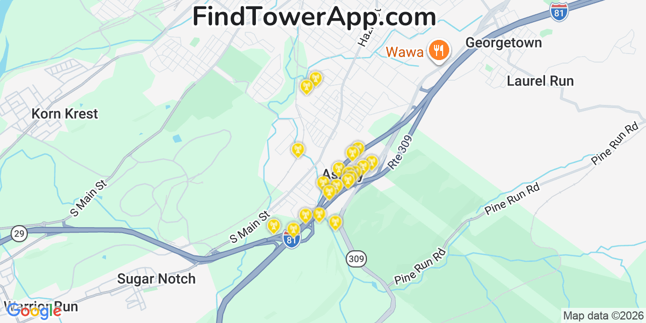Map showing the 20 primary cell tower locations detected in Ashley, Pennsylvania from AT&T, Verizon, and T-Mobile networks