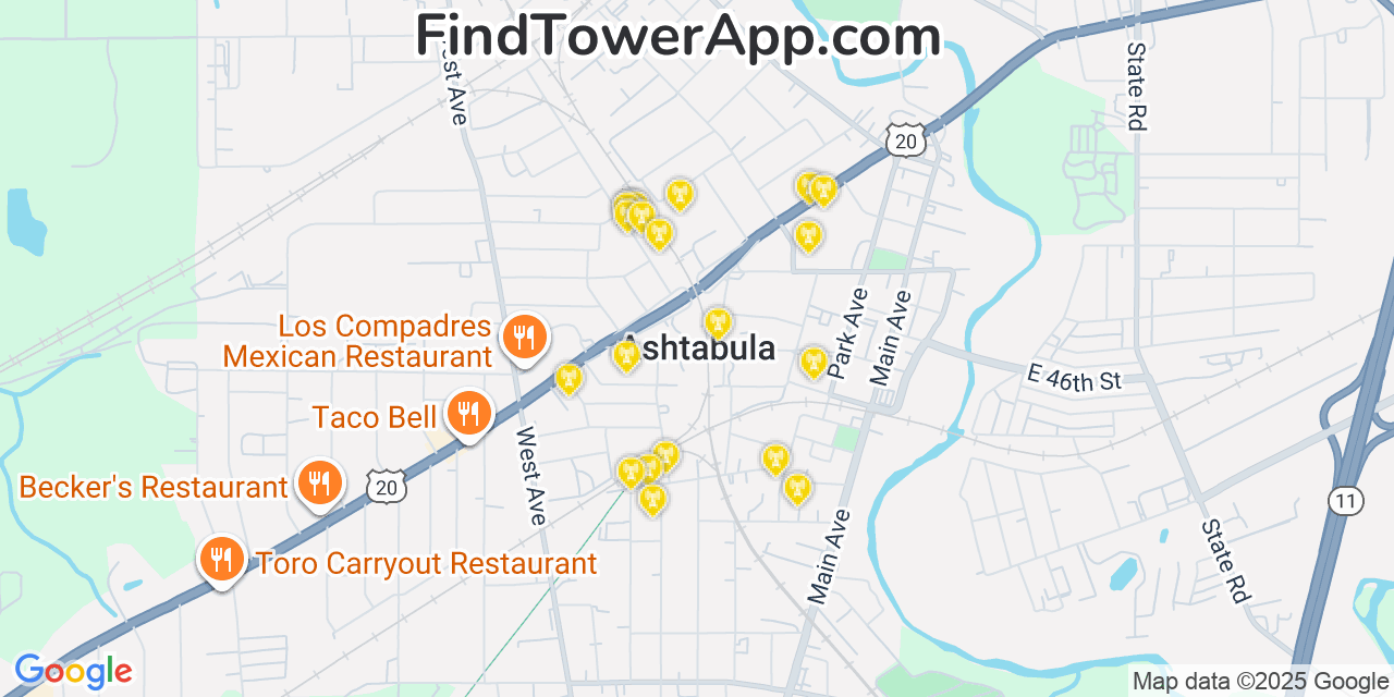 Map showing the 20 primary cell tower locations detected in Ashtabula, Ohio from AT&T, Verizon, and T-Mobile networks