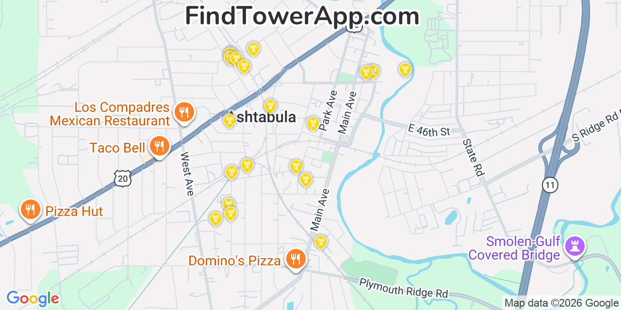 Map showing the 20 primary cell tower locations detected in Ashtabula, Ohio from AT&T, Verizon, and T-Mobile networks