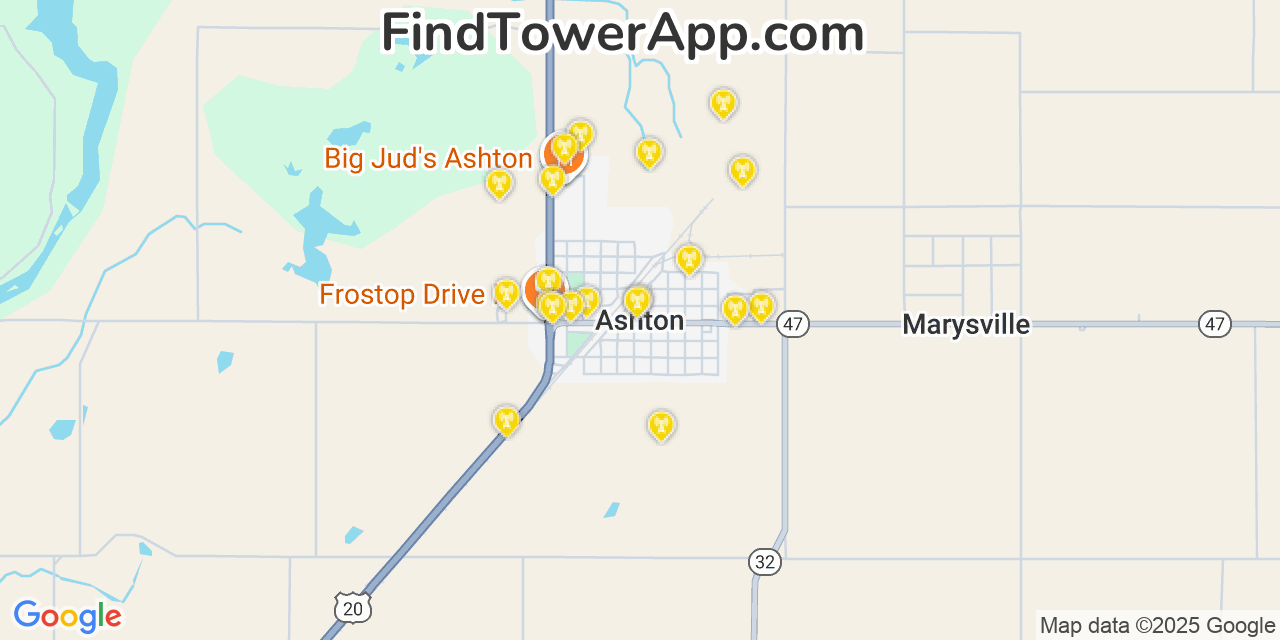 Map showing the 20 primary cell tower locations detected in Ashton, Idaho from AT&T, Verizon, and T-Mobile networks