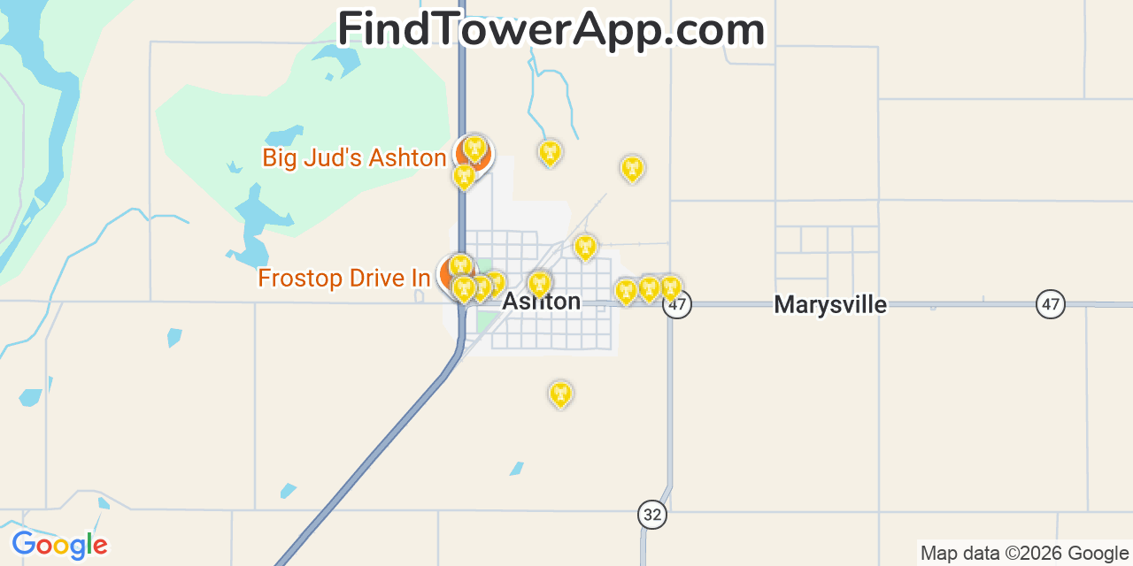 Map showing the 20 primary cell tower locations detected in Ashton, Idaho from AT&T, Verizon, and T-Mobile networks