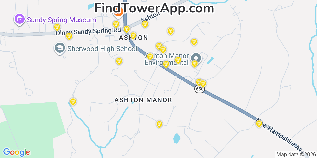 Map showing the 20 primary cell tower locations detected in Ashton Sandy Spring, Maryland from AT&T, Verizon, and T-Mobile networks