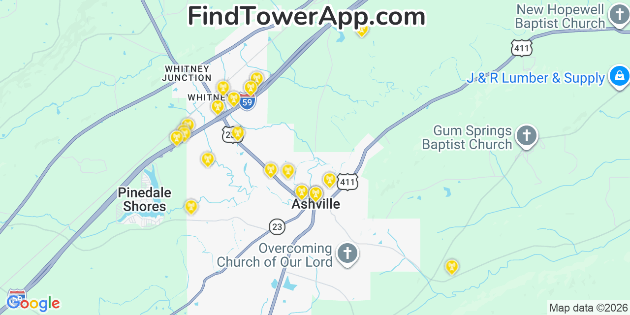 Map showing the 20 primary cell tower locations detected in Ashville, Alabama from AT&T, Verizon, and T-Mobile networks