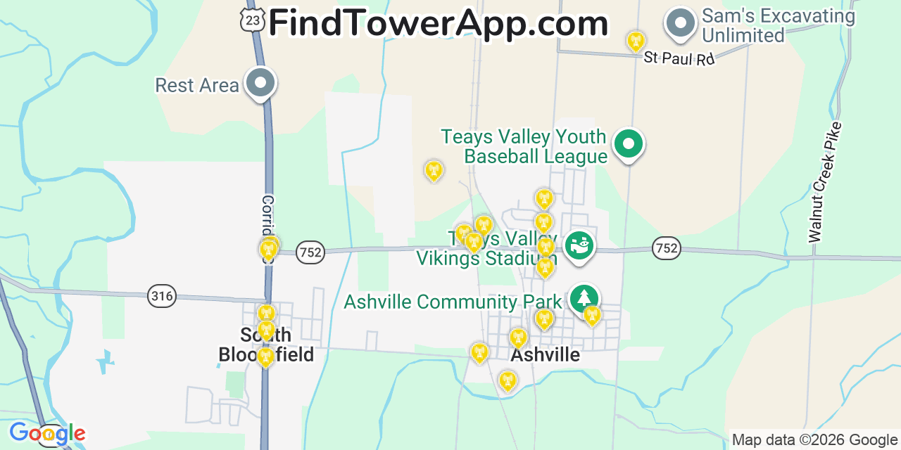 Map showing the 20 primary cell tower locations detected in Ashville, Ohio from AT&T, Verizon, and T-Mobile networks