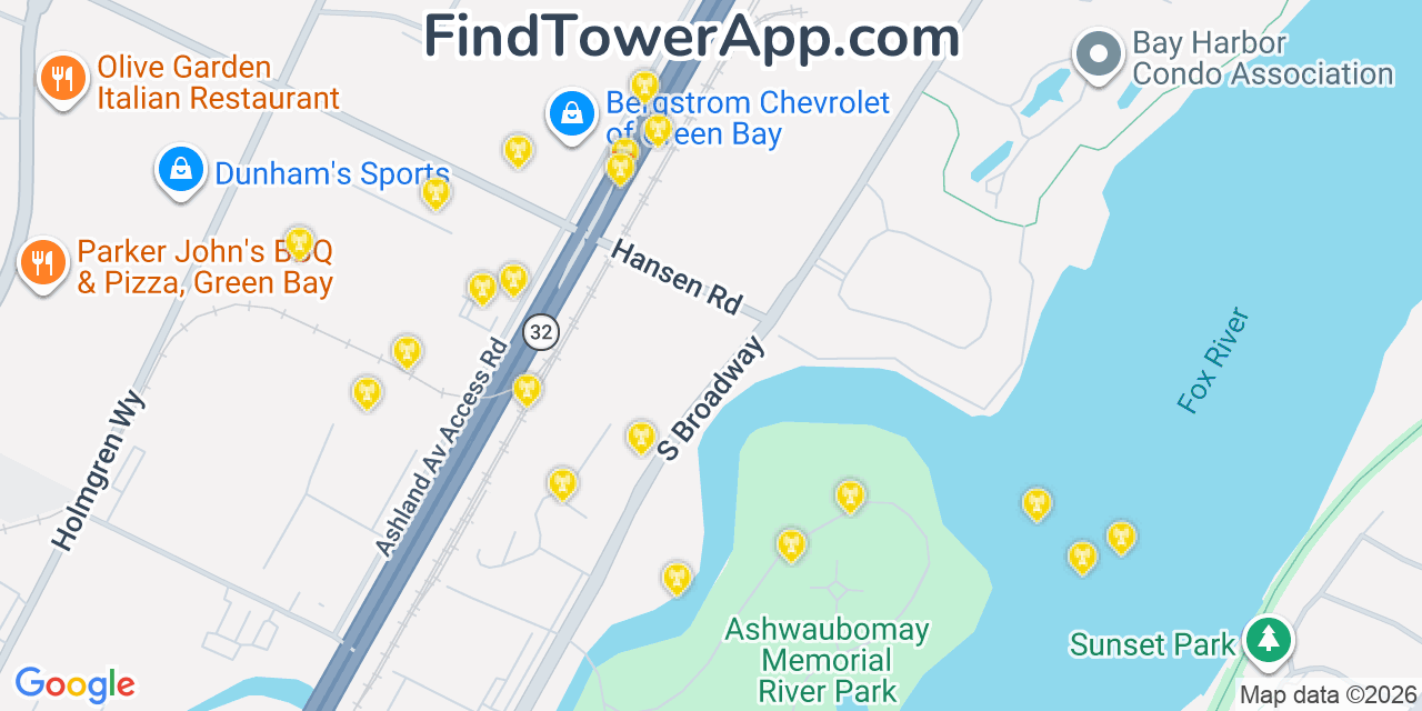 Map showing the 20 primary cell tower locations detected in Ashwaubenon, Wisconsin from AT&T, Verizon, and T-Mobile networks