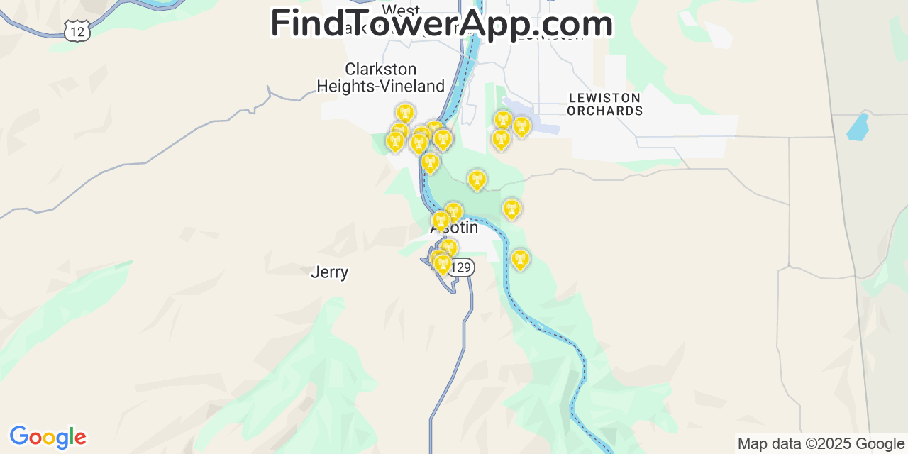 Map showing the 20 primary cell tower locations detected in Asotin, Washington from AT&T, Verizon, and T-Mobile networks