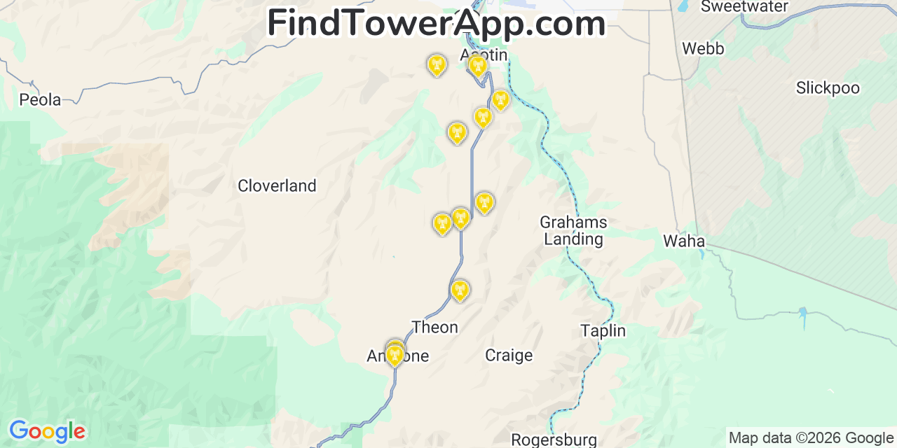Map showing the 20 primary cell tower locations detected in Asotin, Washington from AT&T, Verizon, and T-Mobile networks