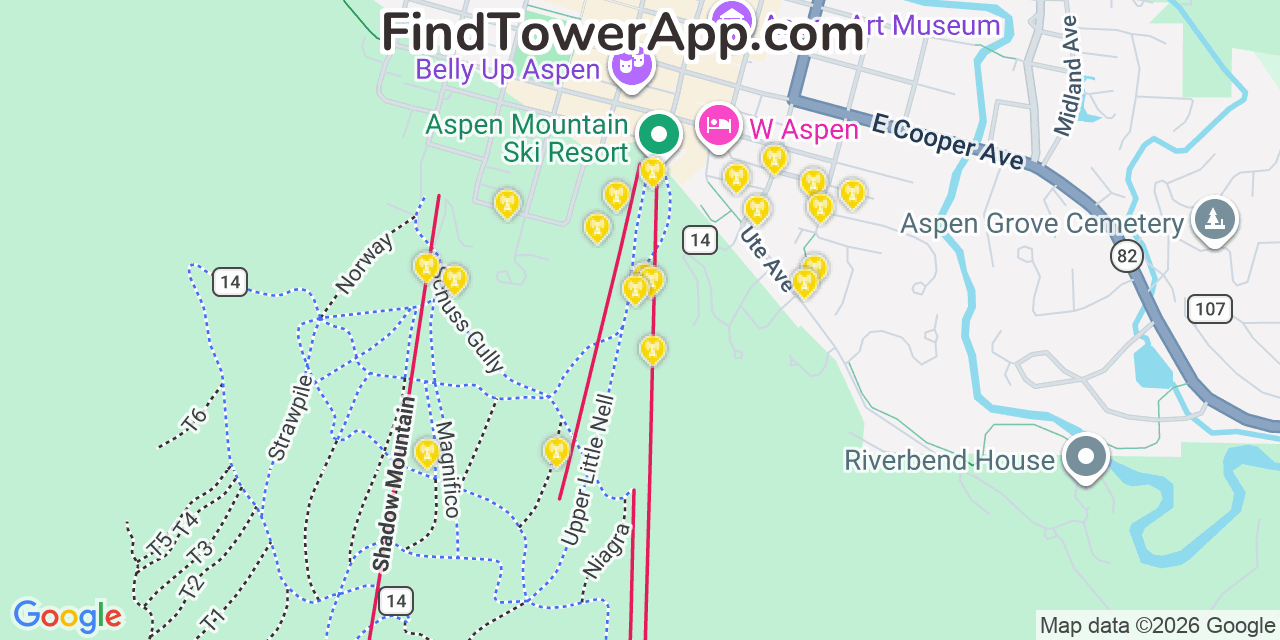 Map showing the 20 primary cell tower locations detected in Aspen, Colorado from AT&T, Verizon, and T-Mobile networks