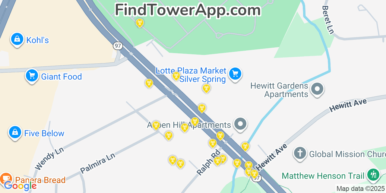 Map showing the 20 primary cell tower locations detected in Aspen Hill, Maryland from AT&T, Verizon, and T-Mobile networks