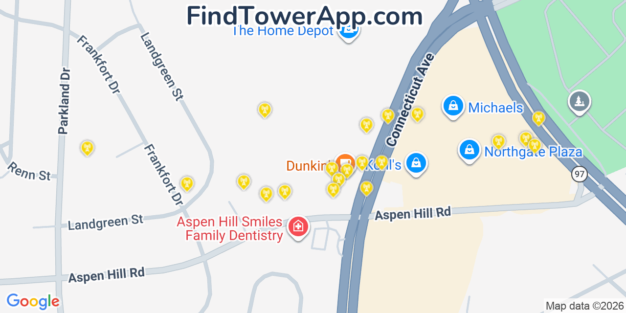 Map showing the 20 primary cell tower locations detected in Aspen Hill, Maryland from AT&T, Verizon, and T-Mobile networks