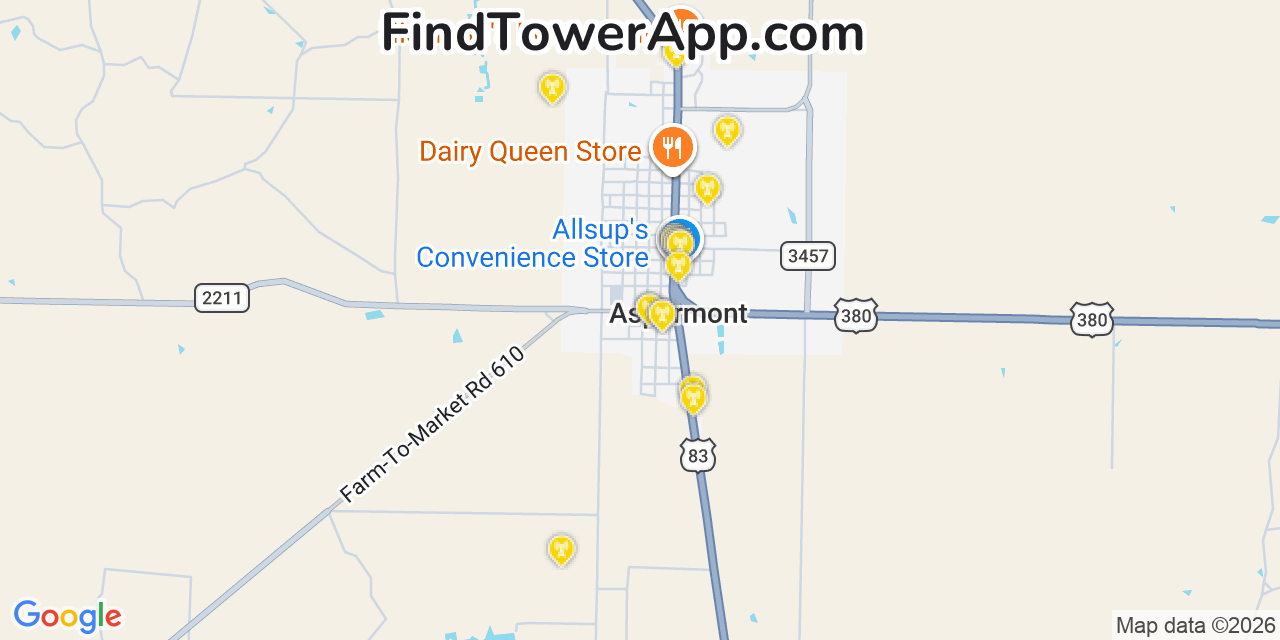 Map showing the 20 primary cell tower locations detected in Aspermont, Texas from AT&T, Verizon, and T-Mobile networks