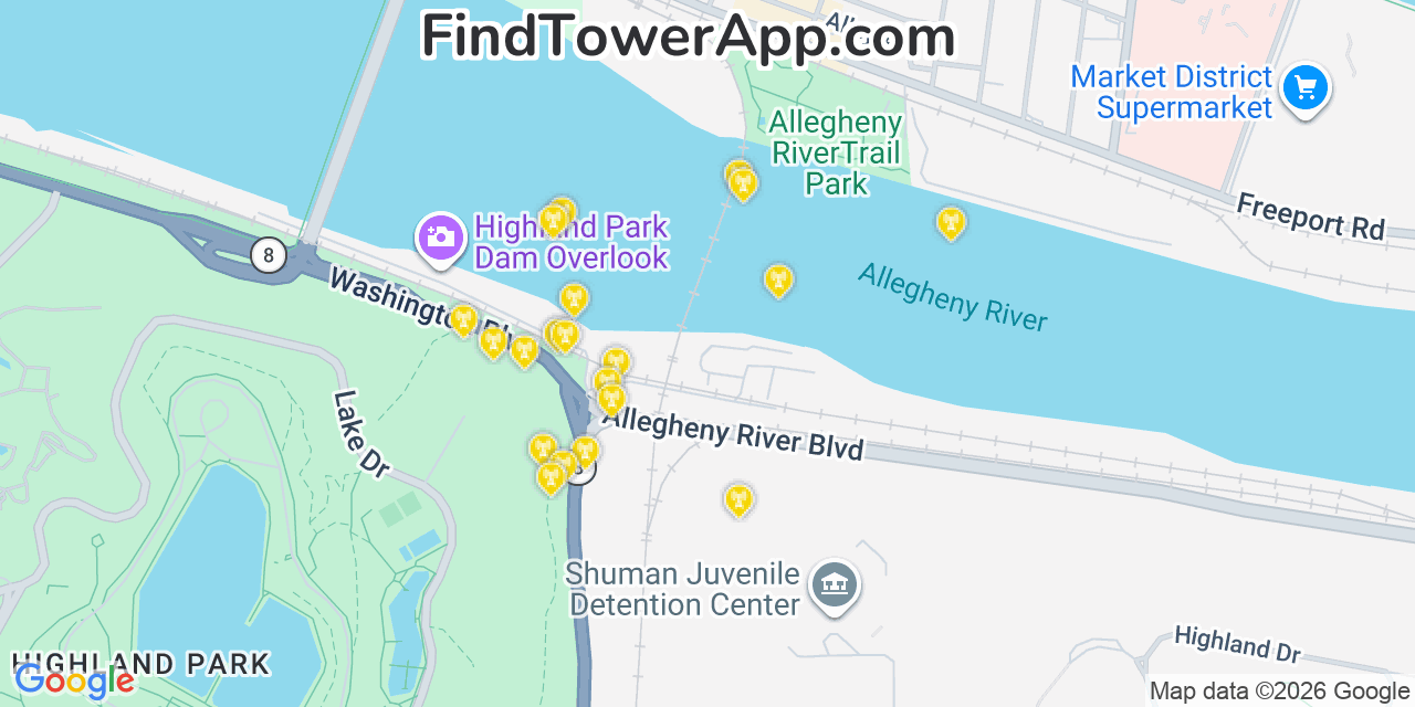 Map showing the 20 primary cell tower locations detected in Aspinwall, Pennsylvania from AT&T, Verizon, and T-Mobile networks