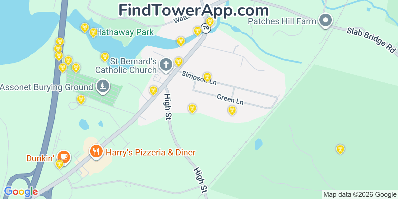 Map showing the 20 primary cell tower locations detected in Assonet, Massachusetts from AT&T, Verizon, and T-Mobile networks