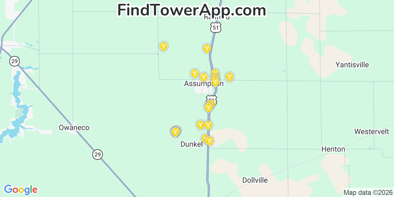 Map showing the 20 primary cell tower locations detected in Assumption, Illinois from AT&T, Verizon, and T-Mobile networks