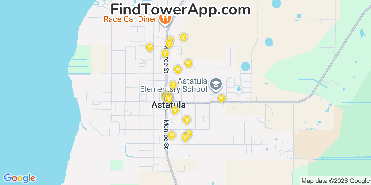 Map showing the 20 primary cell tower locations detected in Astatula, Florida from AT&T, Verizon, and T-Mobile networks