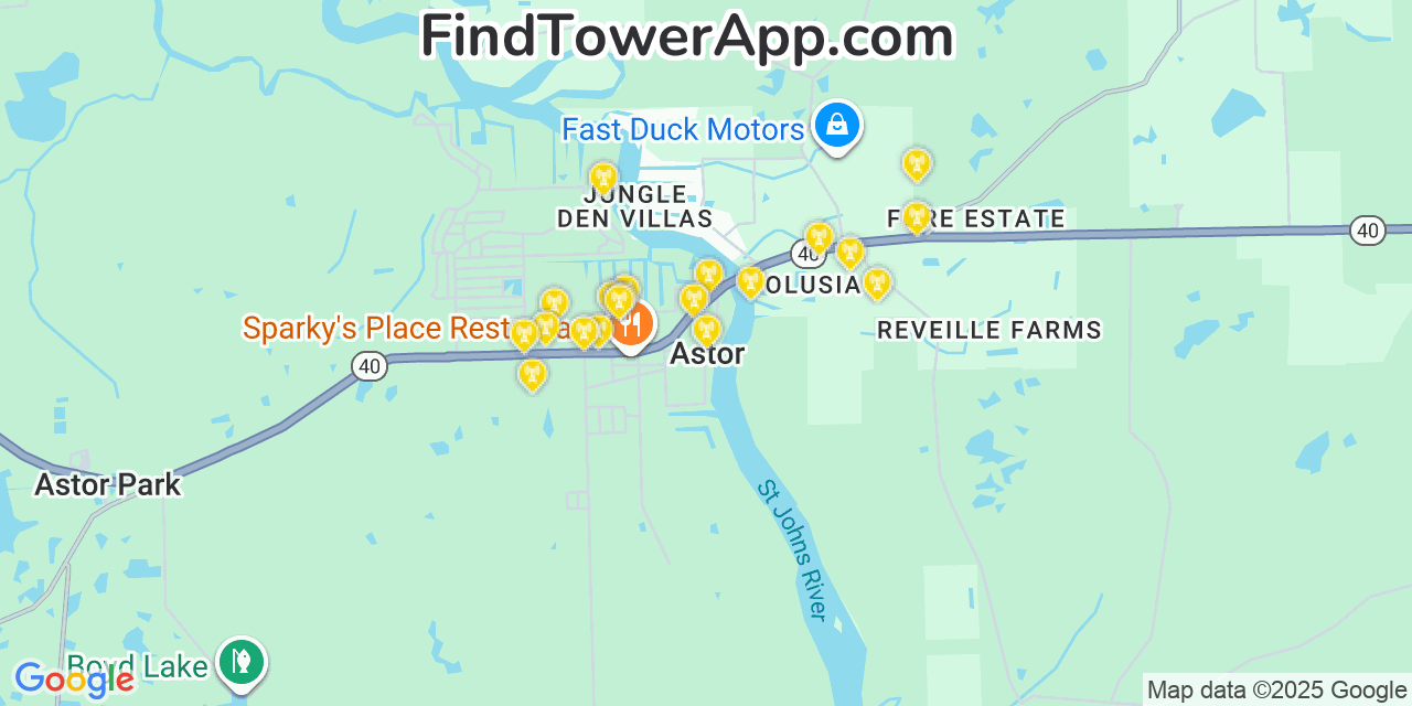 Map showing the 20 primary cell tower locations detected in Astor, Florida from AT&T, Verizon, and T-Mobile networks