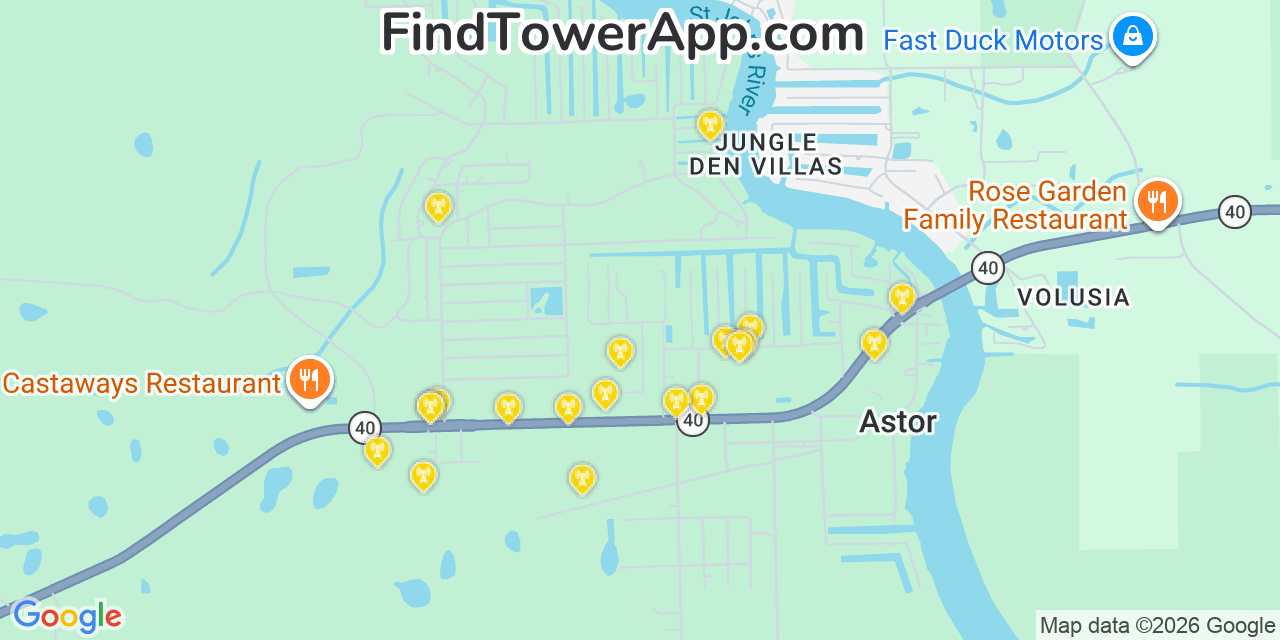 Map showing the 20 primary cell tower locations detected in Astor, Florida from AT&T, Verizon, and T-Mobile networks