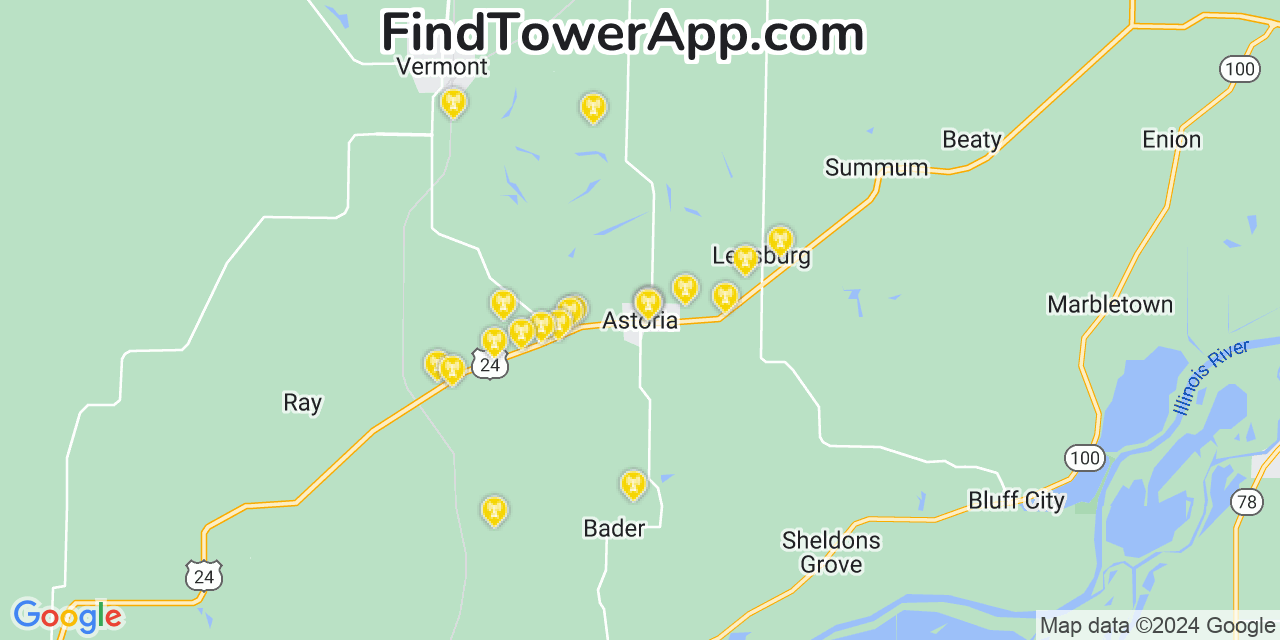 AT&T 4G/5G cell tower coverage map Astoria, Illinois