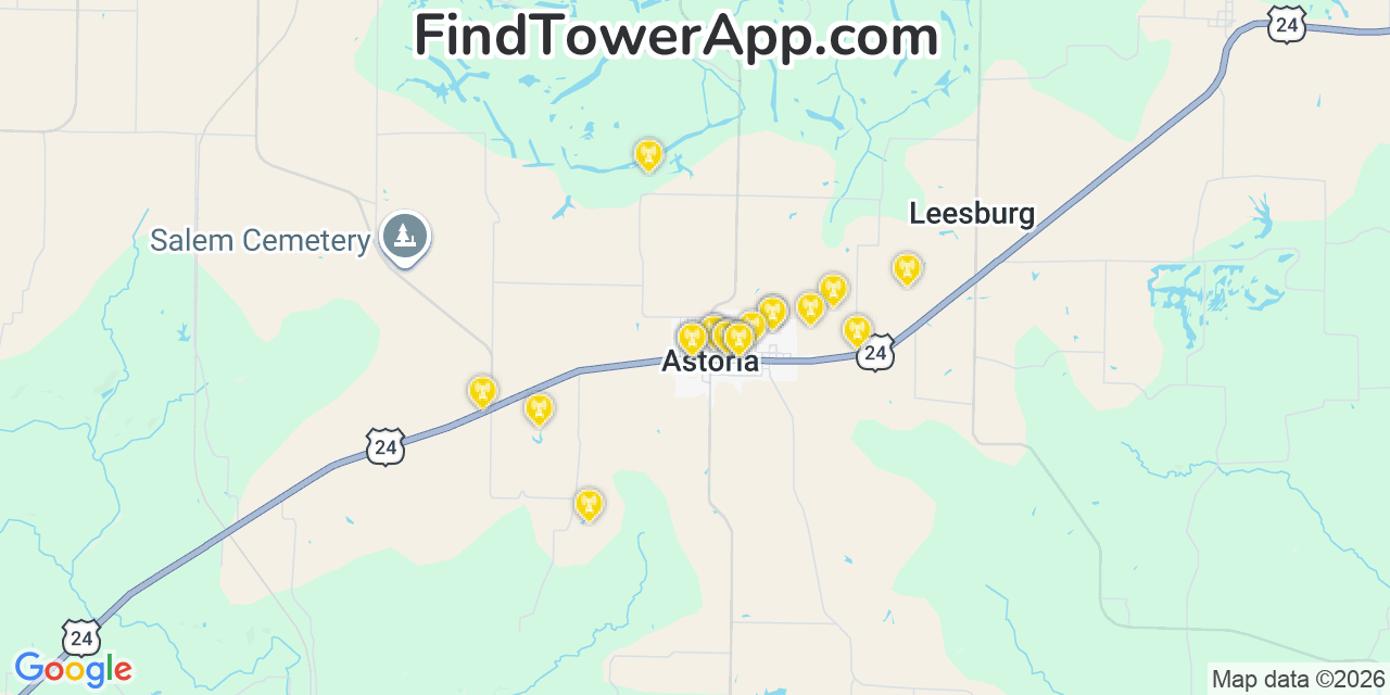 Map showing the 20 primary cell tower locations detected in Astoria, Illinois from AT&T, Verizon, and T-Mobile networks
