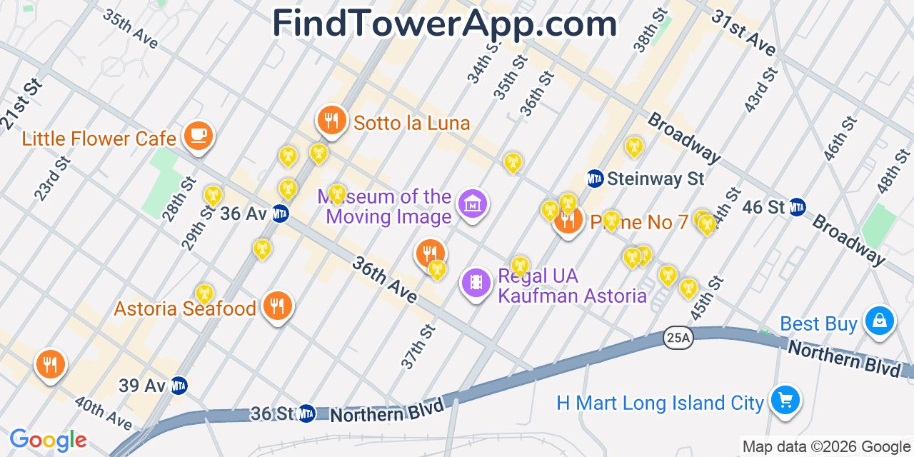 Map showing the 20 primary cell tower locations detected in Astoria, New York from AT&T, Verizon, and T-Mobile networks