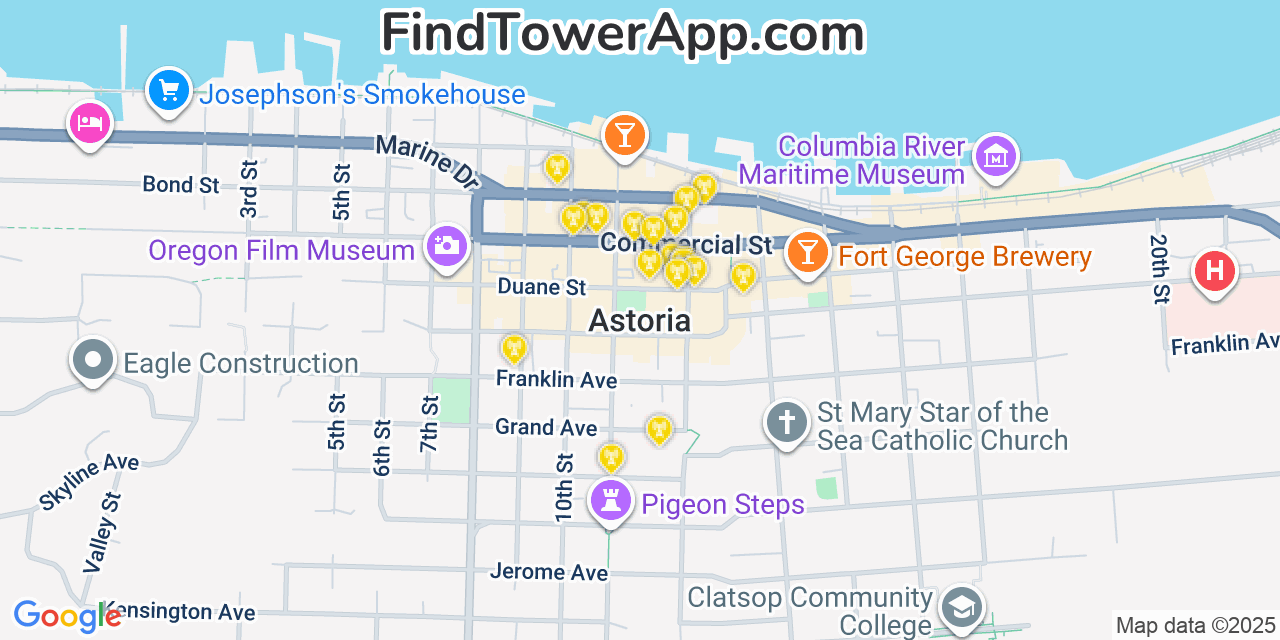 Map showing the 20 primary cell tower locations detected in Astoria, Oregon from AT&T, Verizon, and T-Mobile networks