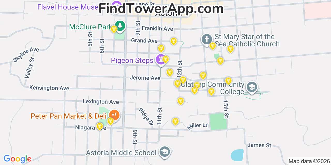 Map showing the 20 primary cell tower locations detected in Astoria, Oregon from AT&T, Verizon, and T-Mobile networks