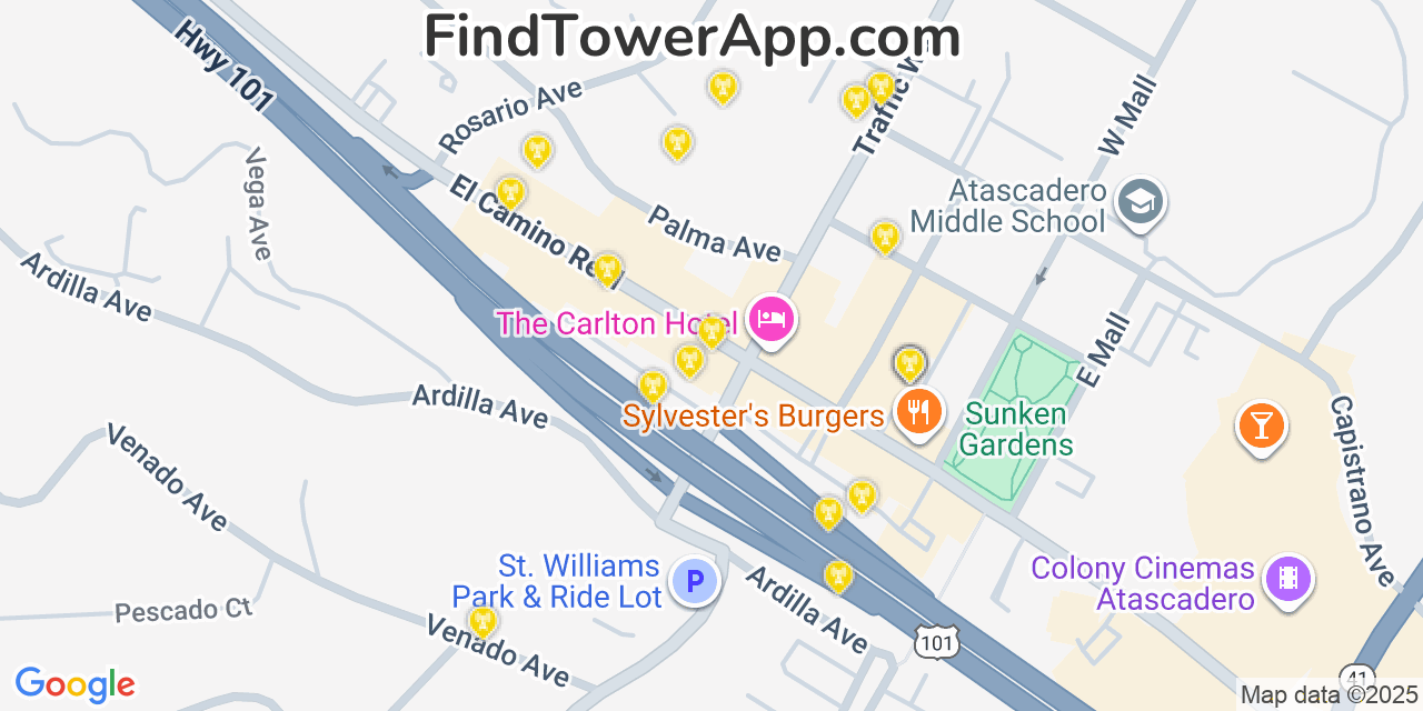 Map showing the 20 primary cell tower locations detected in Atascadero, California from AT&T, Verizon, and T-Mobile networks