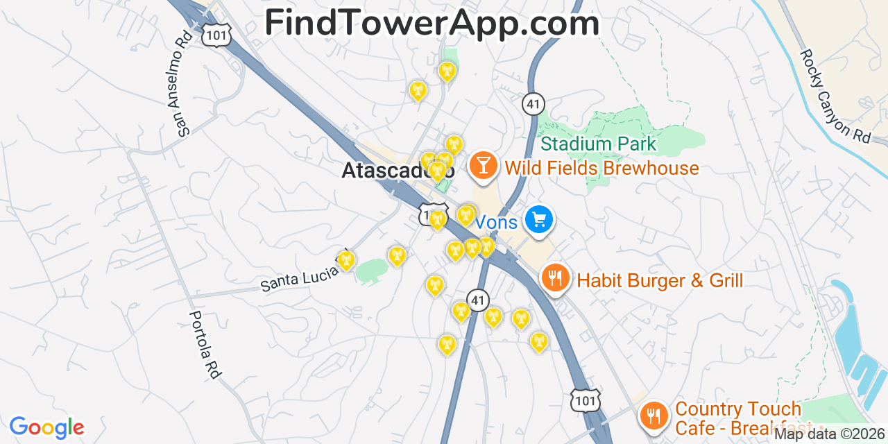 Map showing the 20 primary cell tower locations detected in Atascadero, California from AT&T, Verizon, and T-Mobile networks