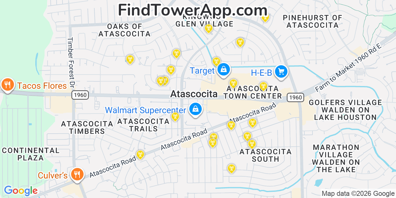 Map showing the 20 primary cell tower locations detected in Atascocita, Texas from AT&T, Verizon, and T-Mobile networks