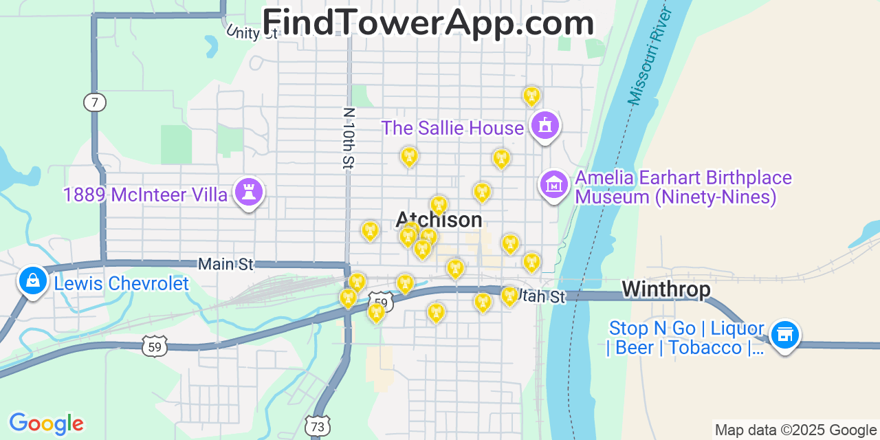 Map showing the 20 primary cell tower locations detected in Atchison, Kansas from AT&T, Verizon, and T-Mobile networks