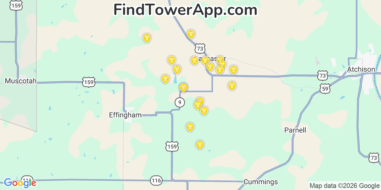 Map showing the 20 primary cell tower locations detected in Atchison, Kansas from AT&T, Verizon, and T-Mobile networks