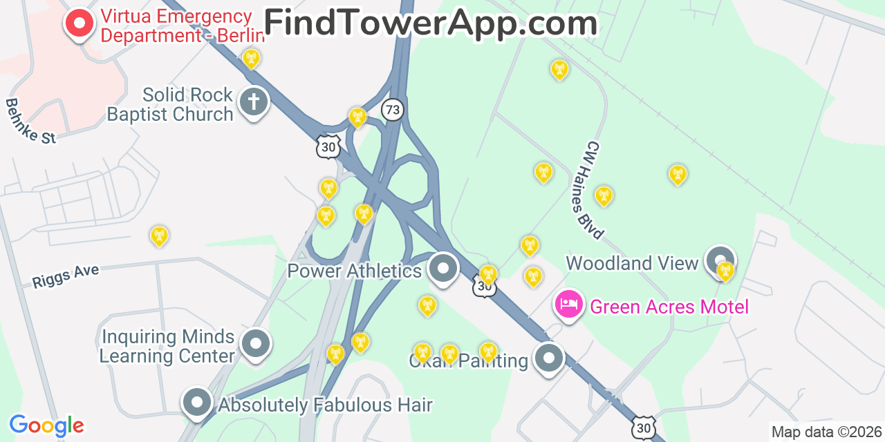 Map showing the 20 primary cell tower locations detected in Atco, New Jersey from AT&T, Verizon, and T-Mobile networks