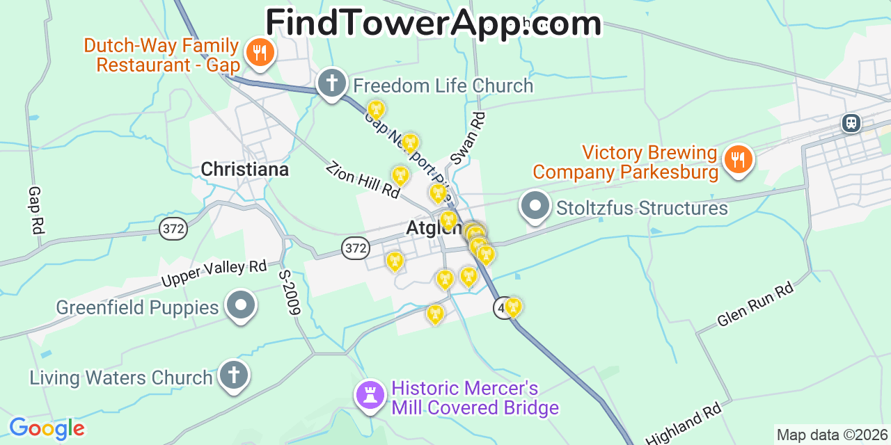 Map showing the 20 primary cell tower locations detected in Atglen, Pennsylvania from AT&T, Verizon, and T-Mobile networks