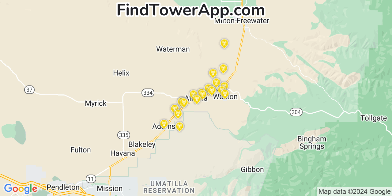 AT&T 4G/5G cell tower coverage map Athena, Oregon